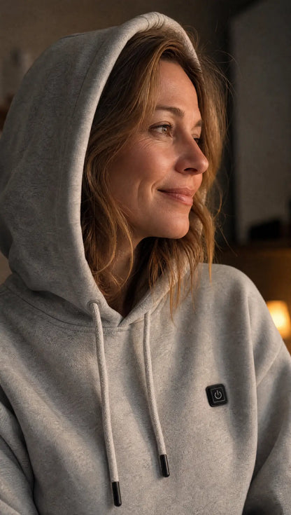 Woman wearing the Grey EmberNest Heated Hoodie