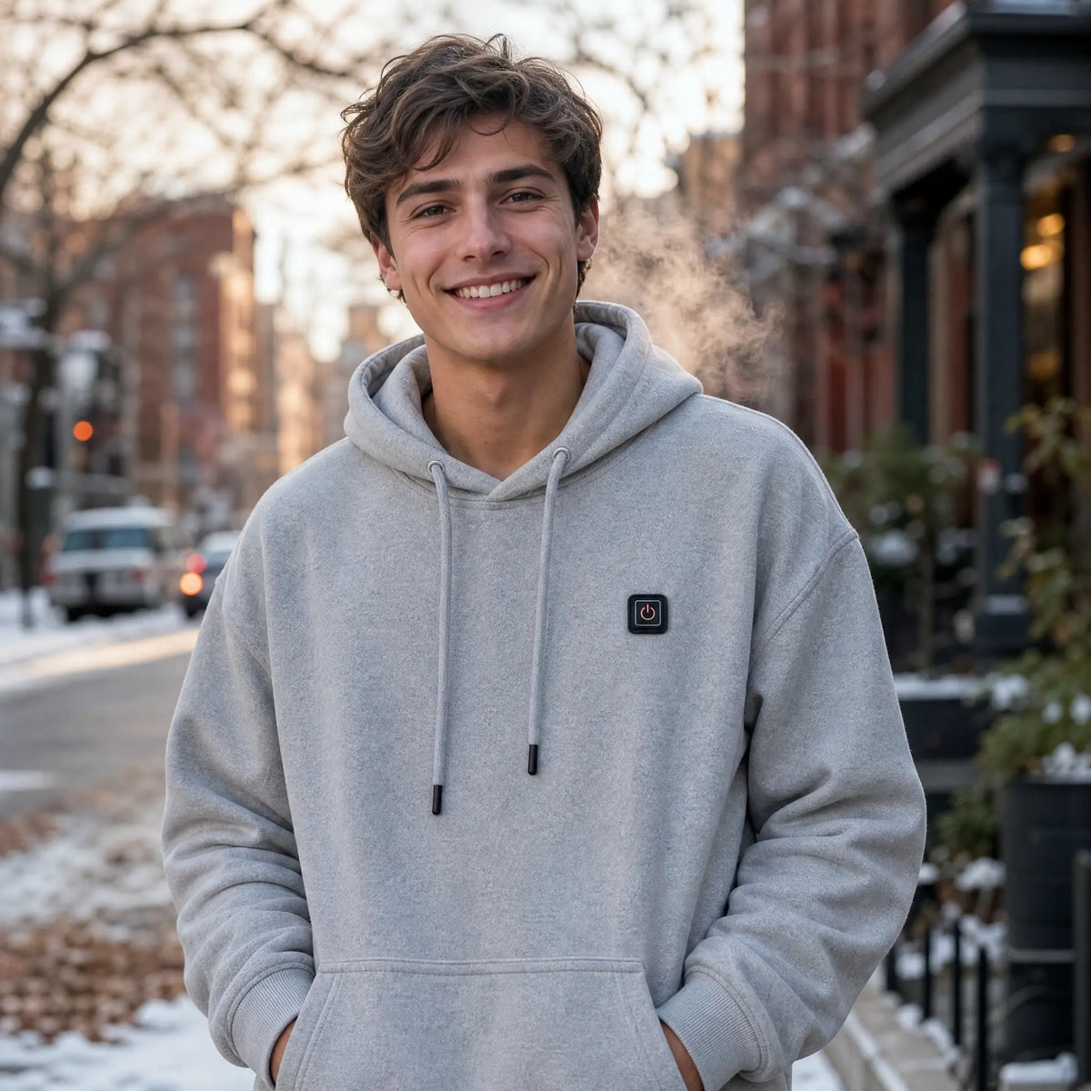 Man wearing the Grey EmberNest Heated Hoodie outdoors